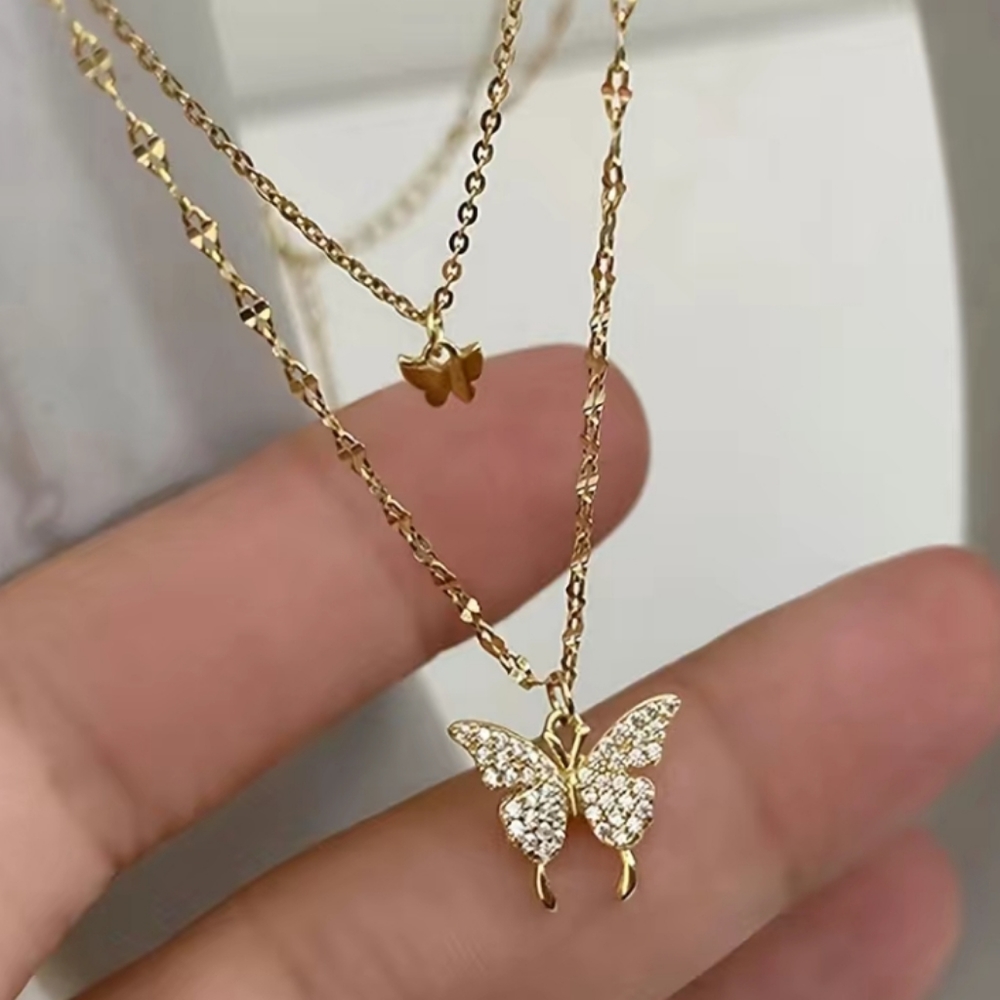 Gold Rhinestone Butterfly Pendant Necklace